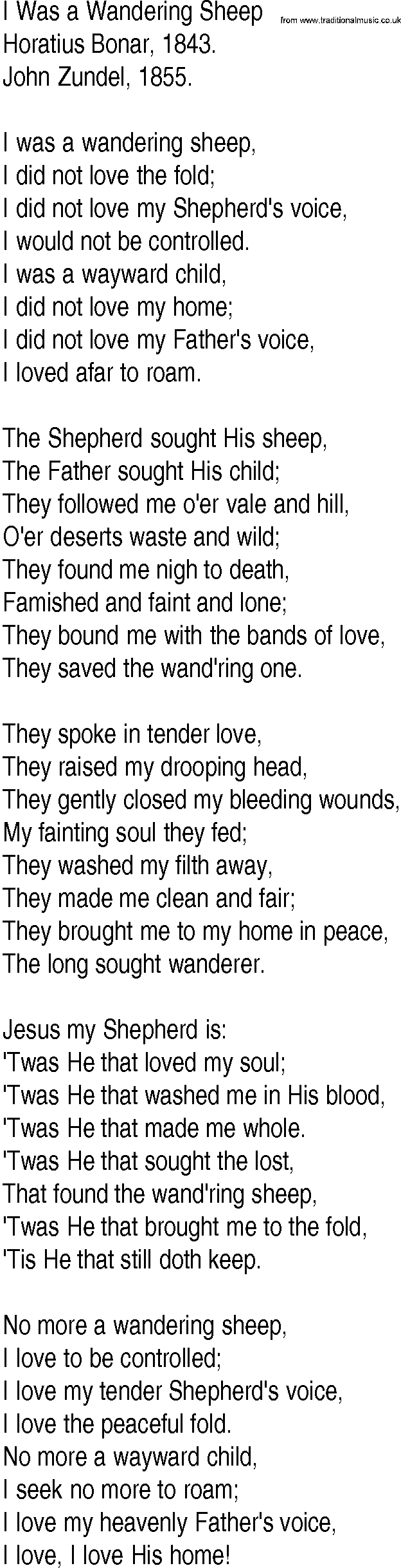 Hymn and Gospel Song: I Was a Wandering Sheep by Horatius Bonar lyrics