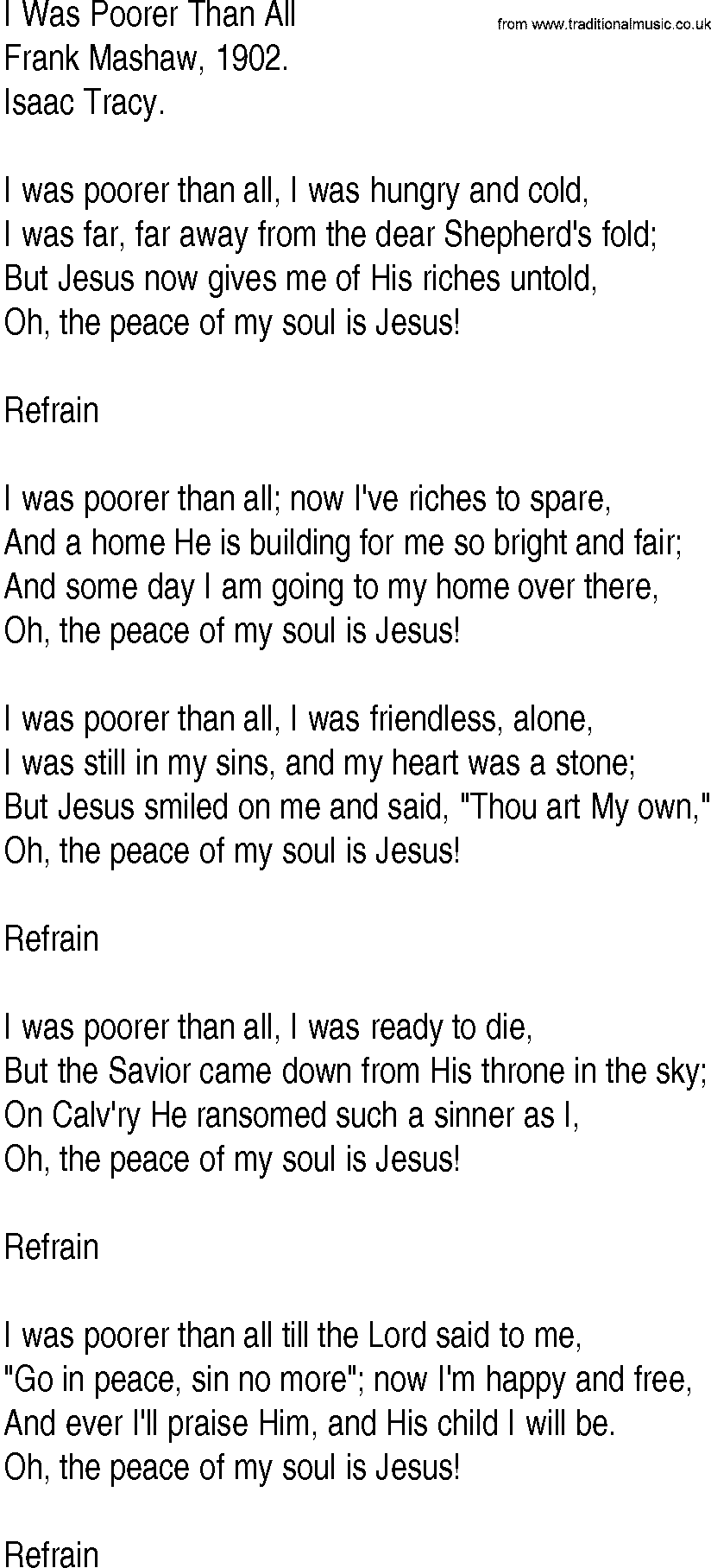Hymn and Gospel Song: I Was Poorer Than All by Frank Mashaw lyrics