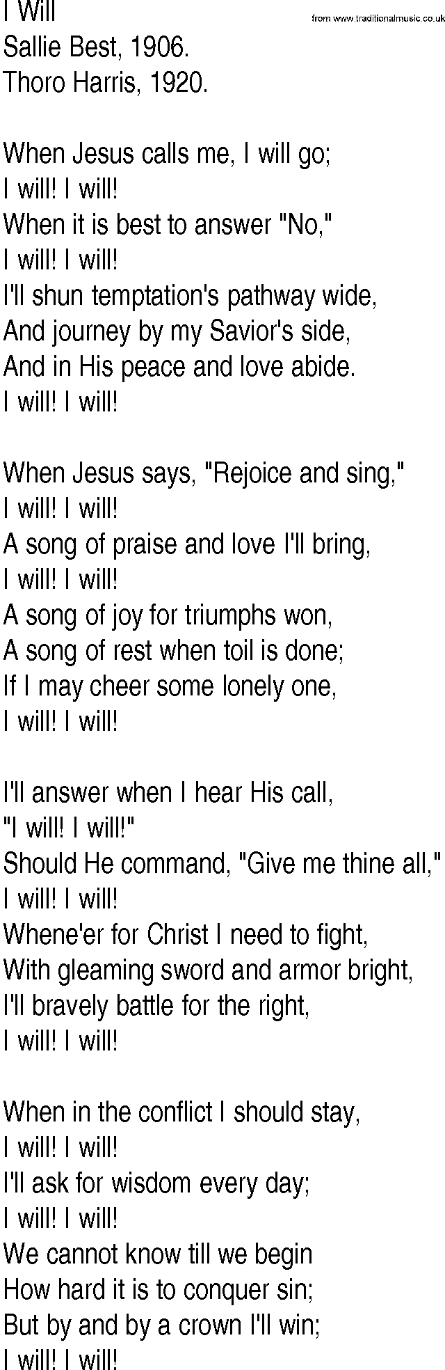 Hymn and Gospel Song: I Will by Sallie Best lyrics