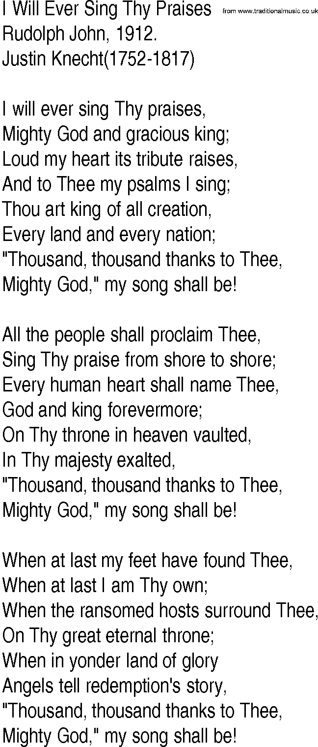 Hymn and Gospel Song: I Will Ever Sing Thy Praises by Rudolph John lyrics
