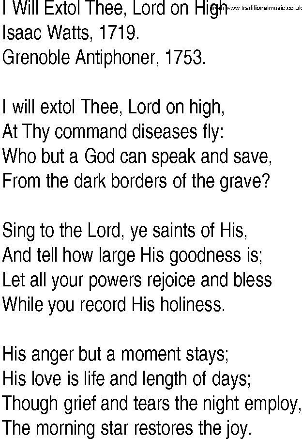Hymn and Gospel Song: I Will Extol Thee, Lord on High by Isaac Watts lyrics