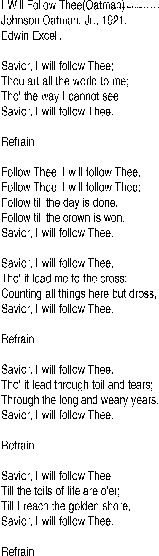 Hymn and Gospel Song: I Will Follow Thee(Oatman) by Johnson Oatman Jr lyrics