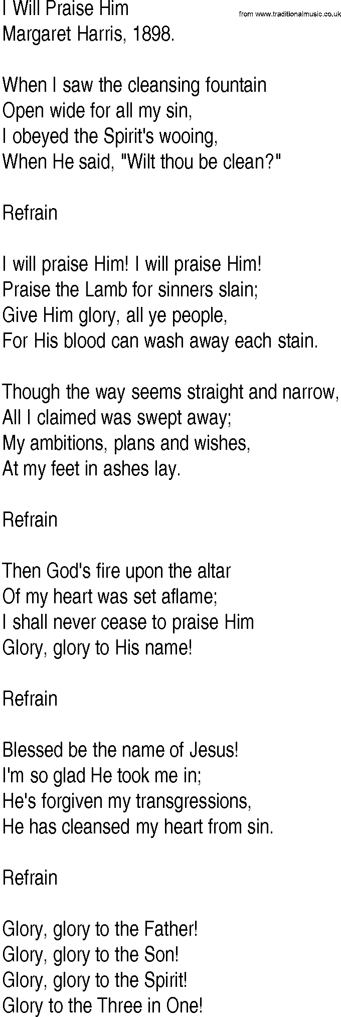 Hymn and Gospel Song: I Will Praise Him by Margaret Harris lyrics