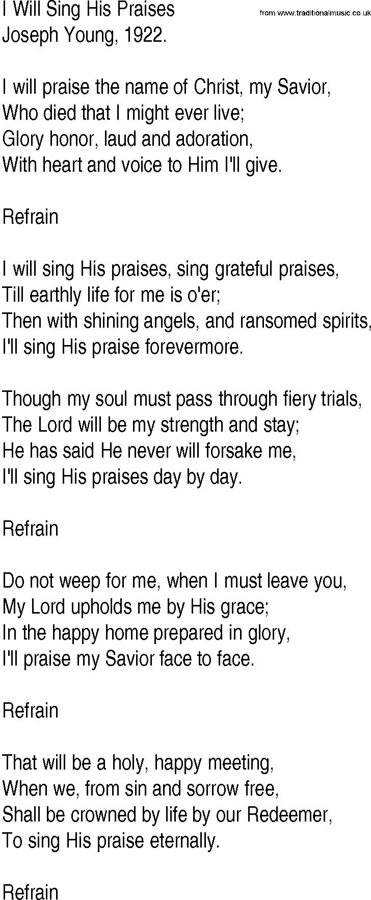 Hymn and Gospel Song: I Will Sing His Praises by Joseph Young lyrics