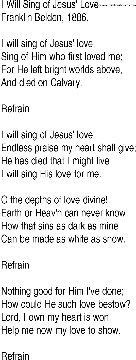Hymn and Gospel Song: I Will Sing of Jesus' Love by Franklin Belden lyrics