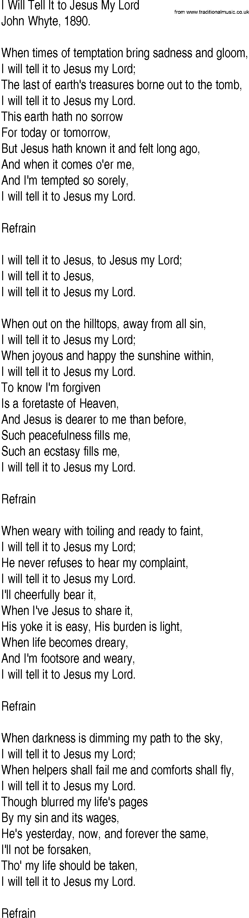 Hymn and Gospel Song: I Will Tell It to Jesus My Lord by John Whyte lyrics