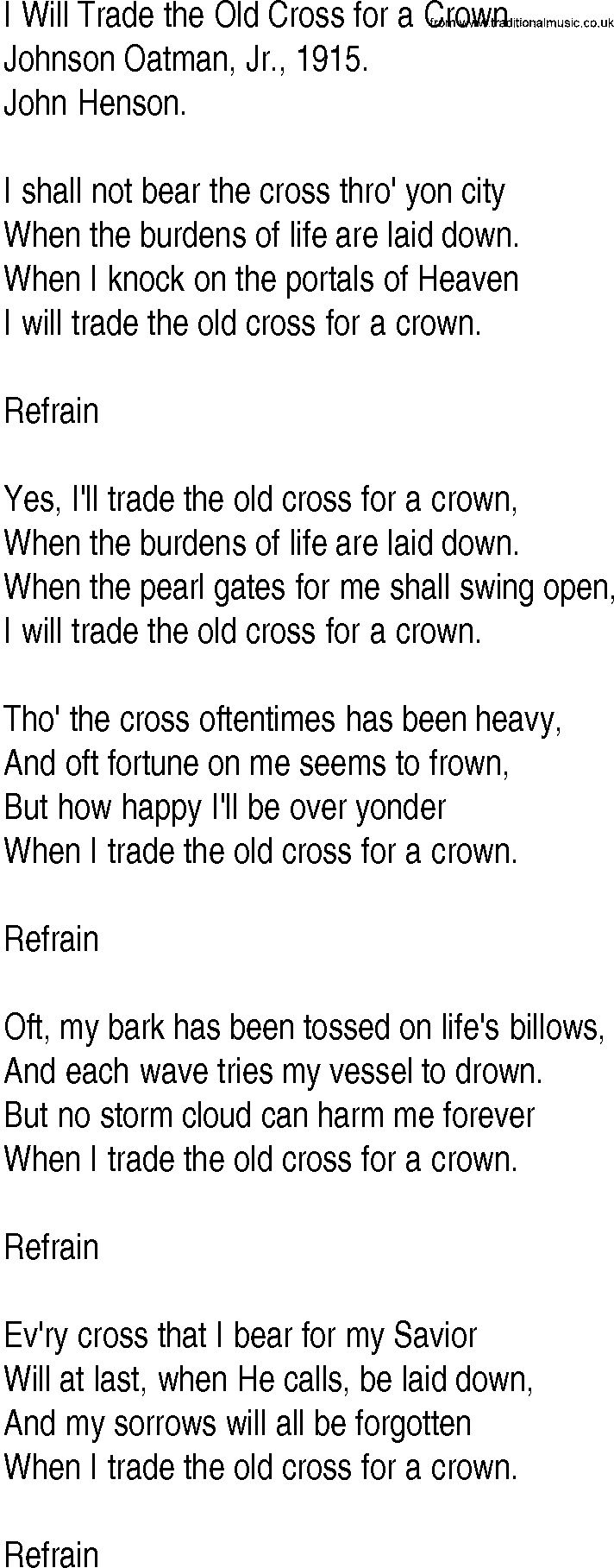 Hymn and Gospel Song: I Will Trade the Old Cross for a Crown by Johnson Oatman Jr lyrics