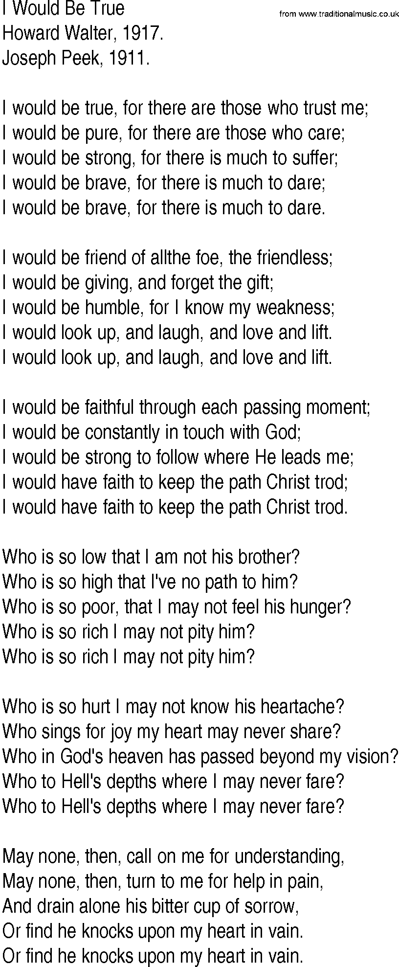 Hymn and Gospel Song: I Would Be True by Howard Walter lyrics
