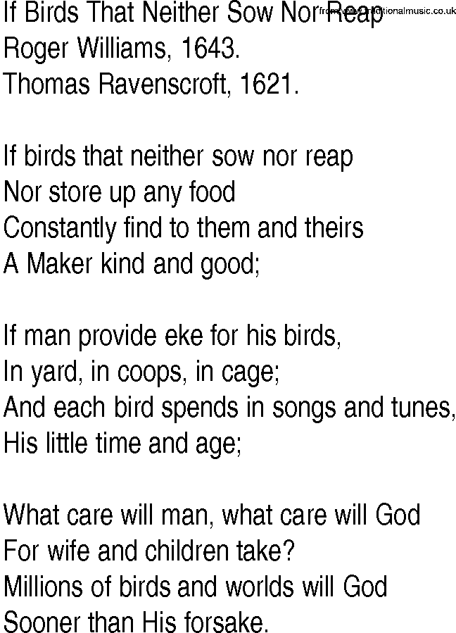 Hymn and Gospel Song: If Birds That Neither Sow Nor Reap by Roger Williams lyrics