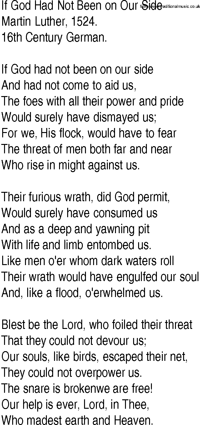 Hymn and Gospel Song: If God Had Not Been on Our Side by Martin Luther lyrics