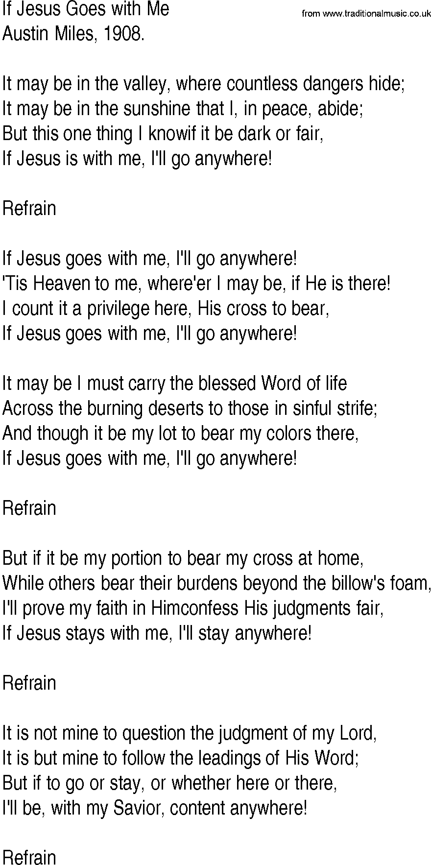 Hymn and Gospel Song: If Jesus Goes with Me by Austin Miles lyrics