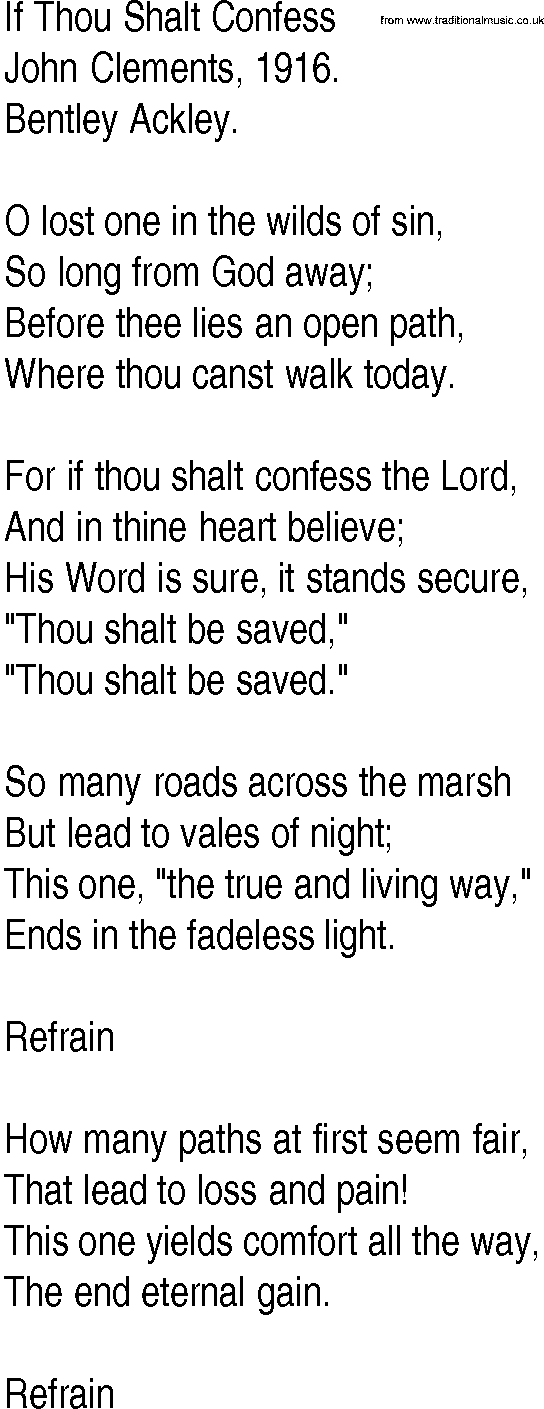 Hymn and Gospel Song: If Thou Shalt Confess by John Clements lyrics