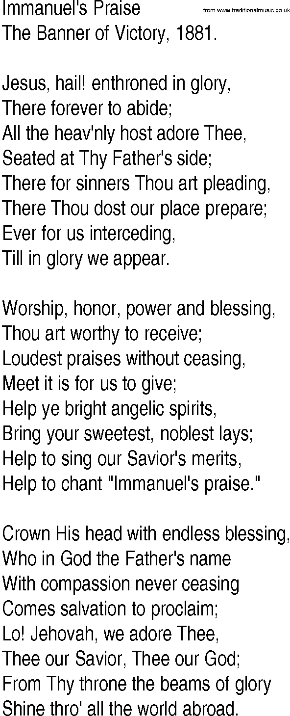 Hymn and Gospel Song: Immanuel's Praise by The Banner of Victory lyrics