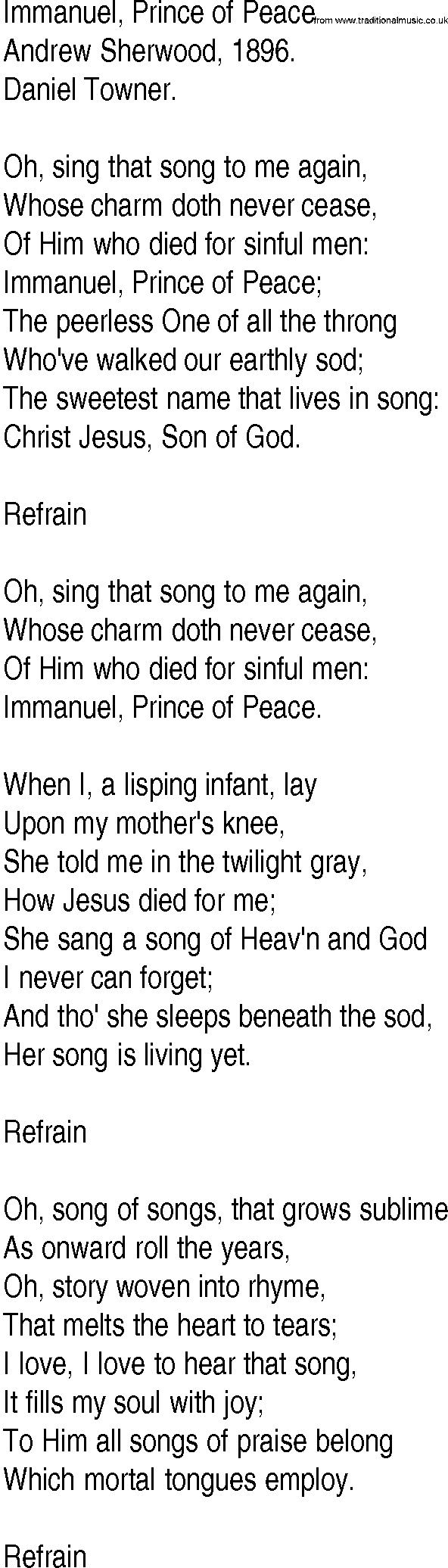 Hymn and Gospel Song: Immanuel, Prince of Peace by Andrew Sherwood lyrics