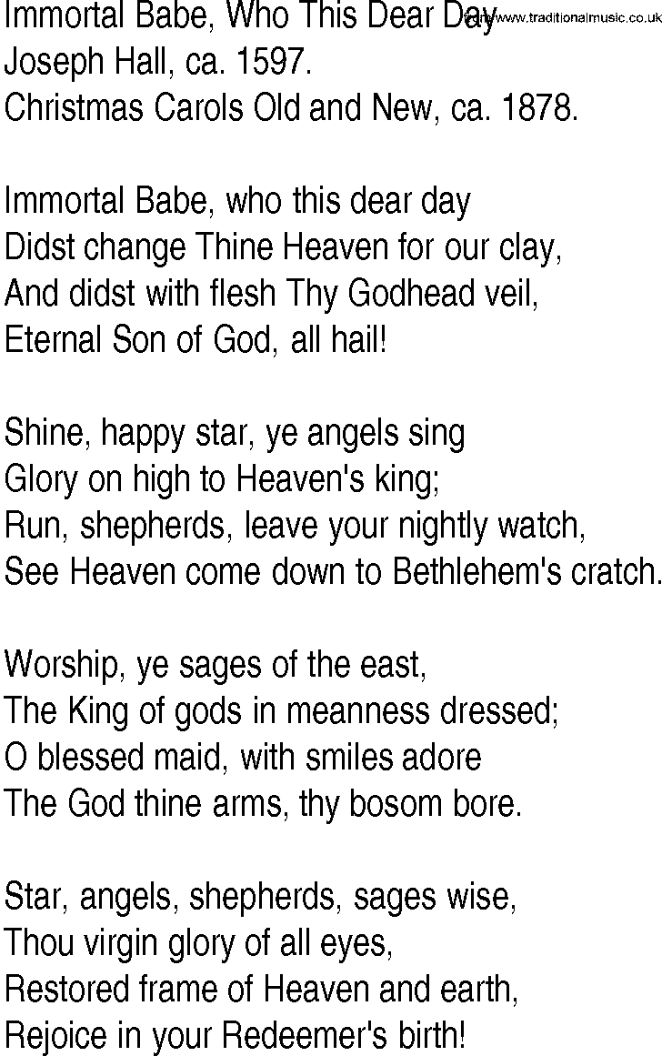 Hymn and Gospel Song: Immortal Babe, Who This Dear Day by Joseph Hall ca lyrics