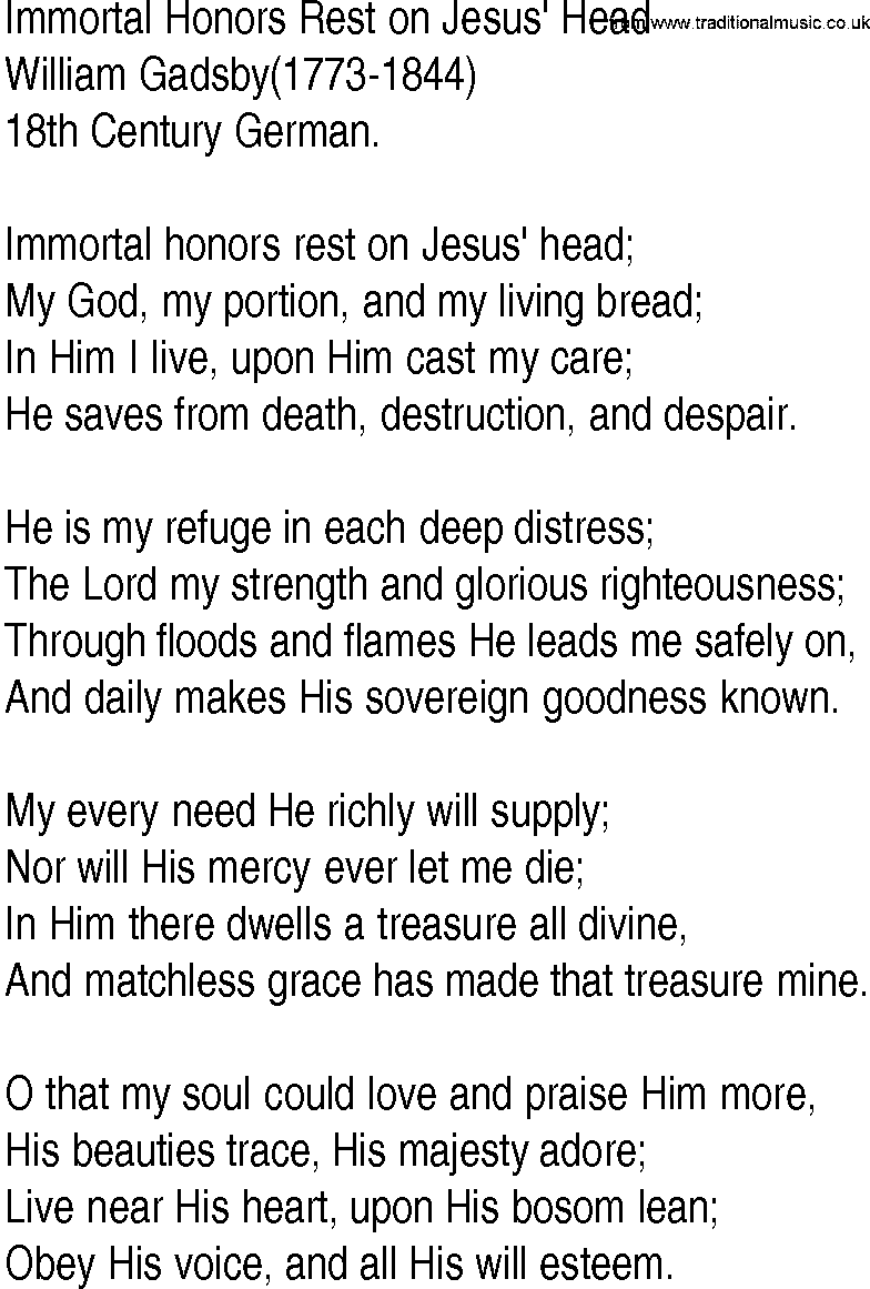 Hymn and Gospel Song: Immortal Honors Rest on Jesus' Head by William Gadsby lyrics
