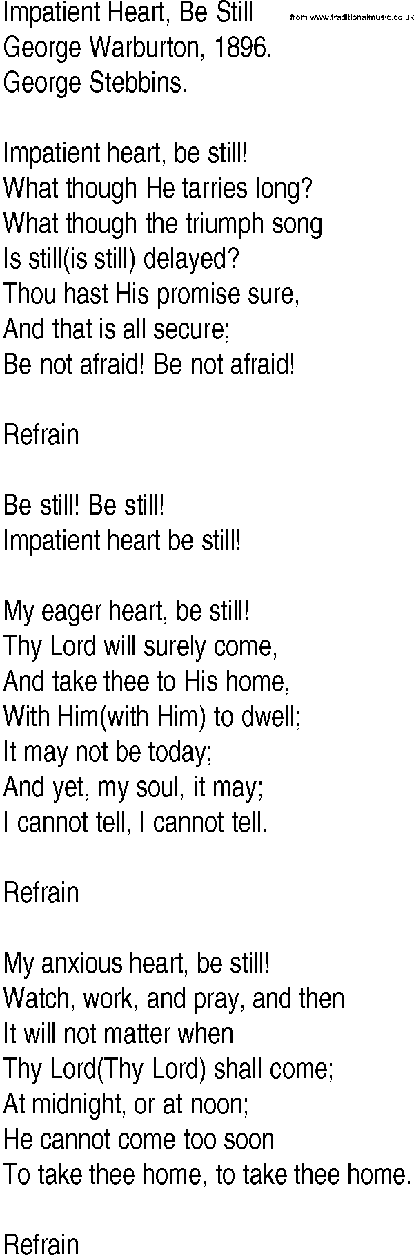 Hymn and Gospel Song: Impatient Heart, Be Still by George Warburton lyrics