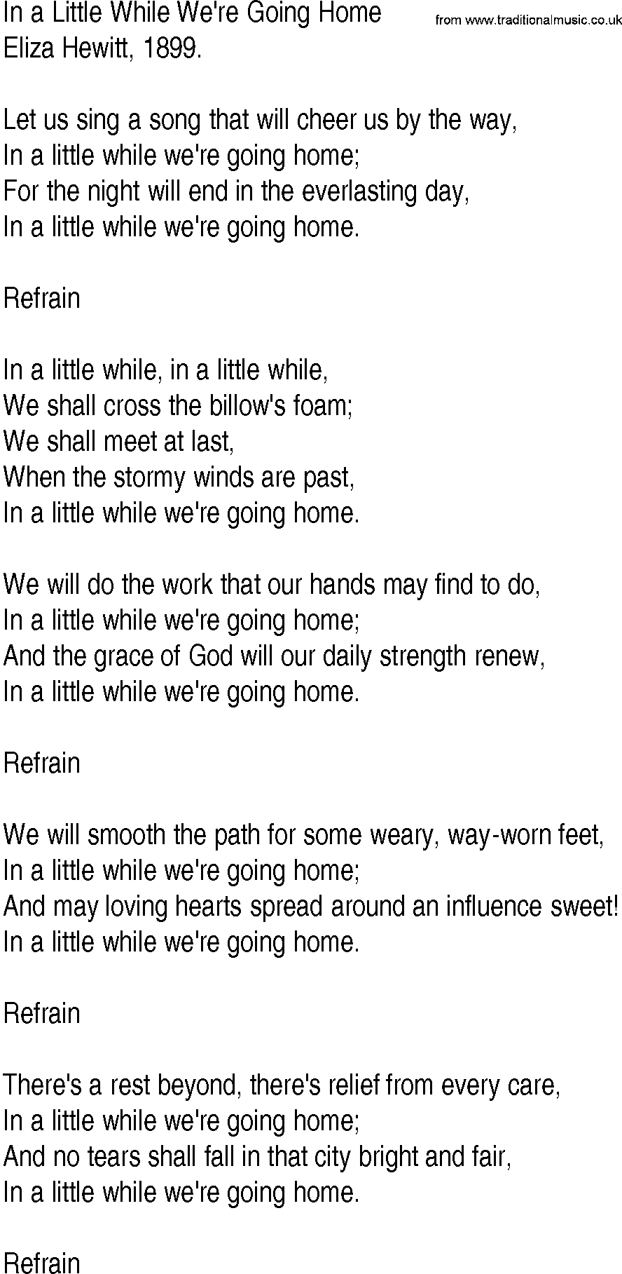 Hymn and Gospel Song: In a Little While We're Going Home by Eliza Hewitt lyrics