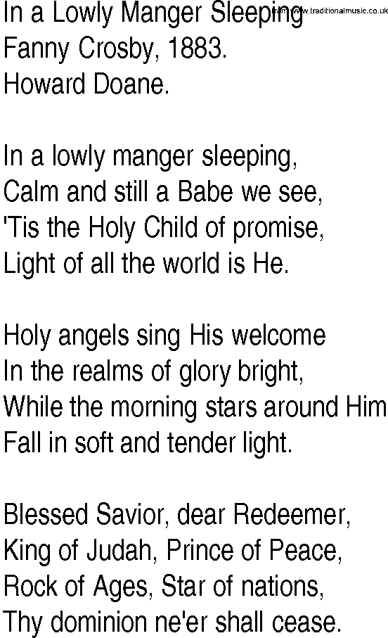 Hymn and Gospel Song: In a Lowly Manger Sleeping by Fanny Crosby lyrics