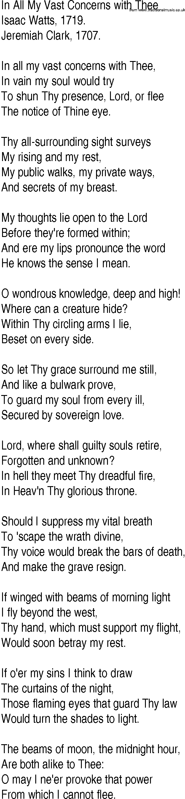 Hymn and Gospel Song: In All My Vast Concerns with Thee by Isaac Watts lyrics