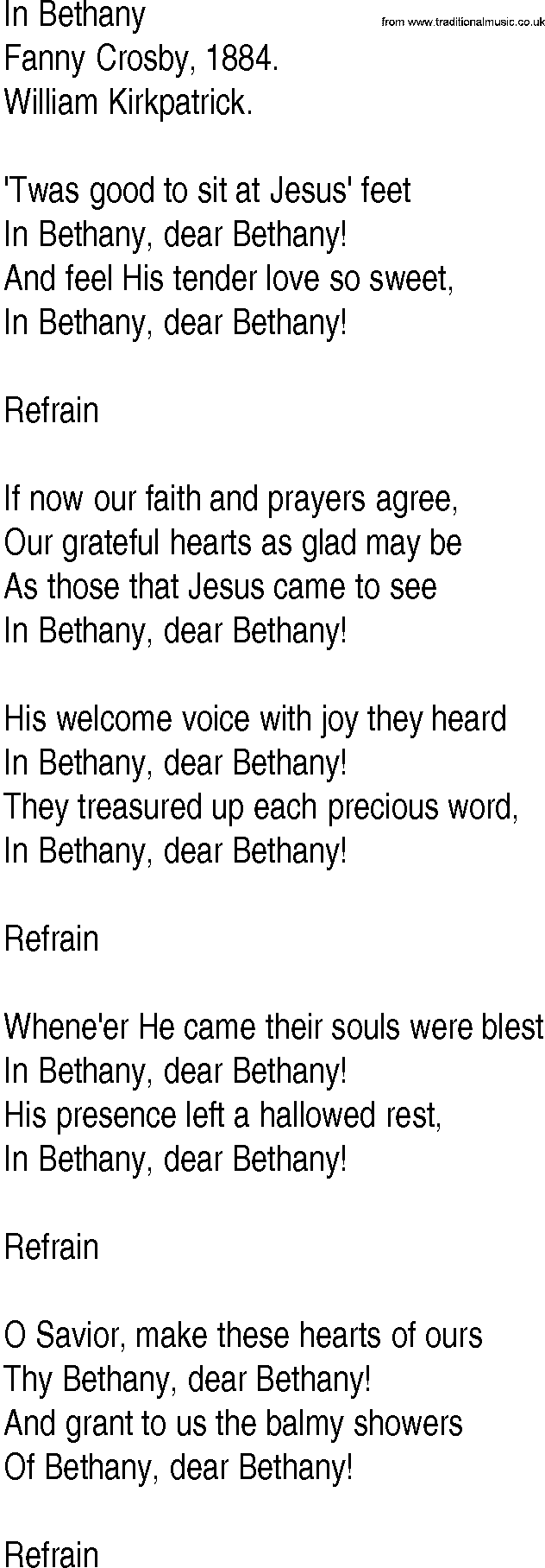 Hymn and Gospel Song: In Bethany by Fanny Crosby lyrics