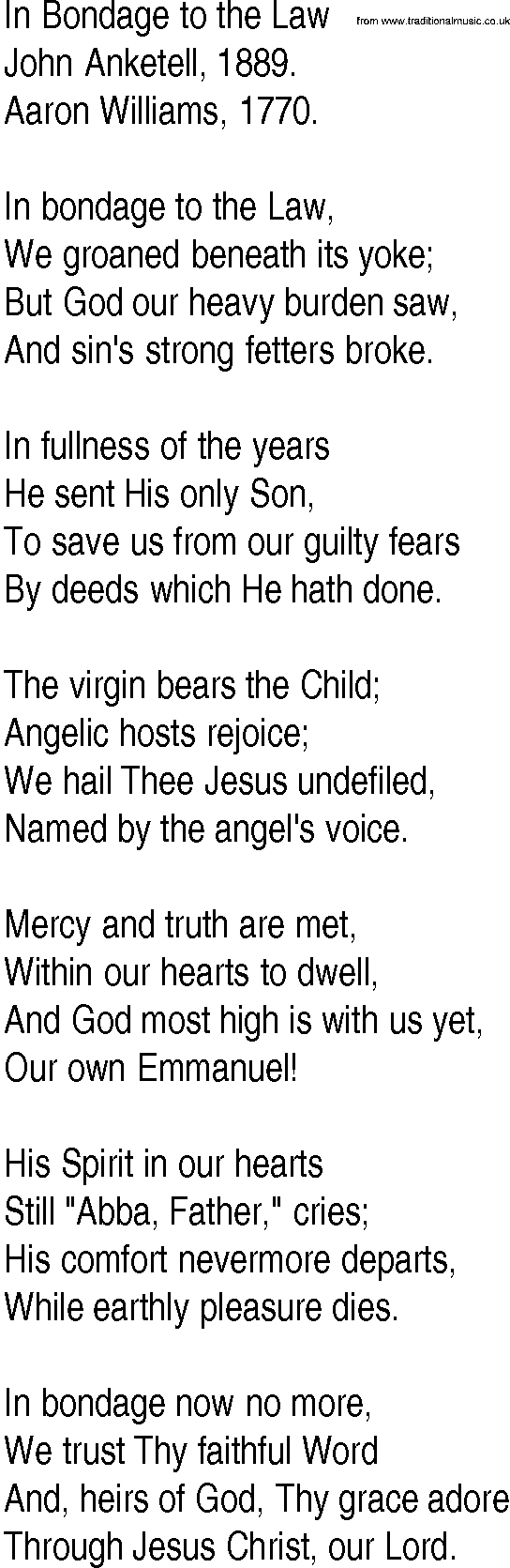 Hymn and Gospel Song: In Bondage to the Law by John Anketell lyrics