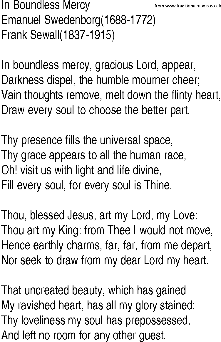 Hymn and Gospel Song: In Boundless Mercy by Emanuel Swedenborg lyrics