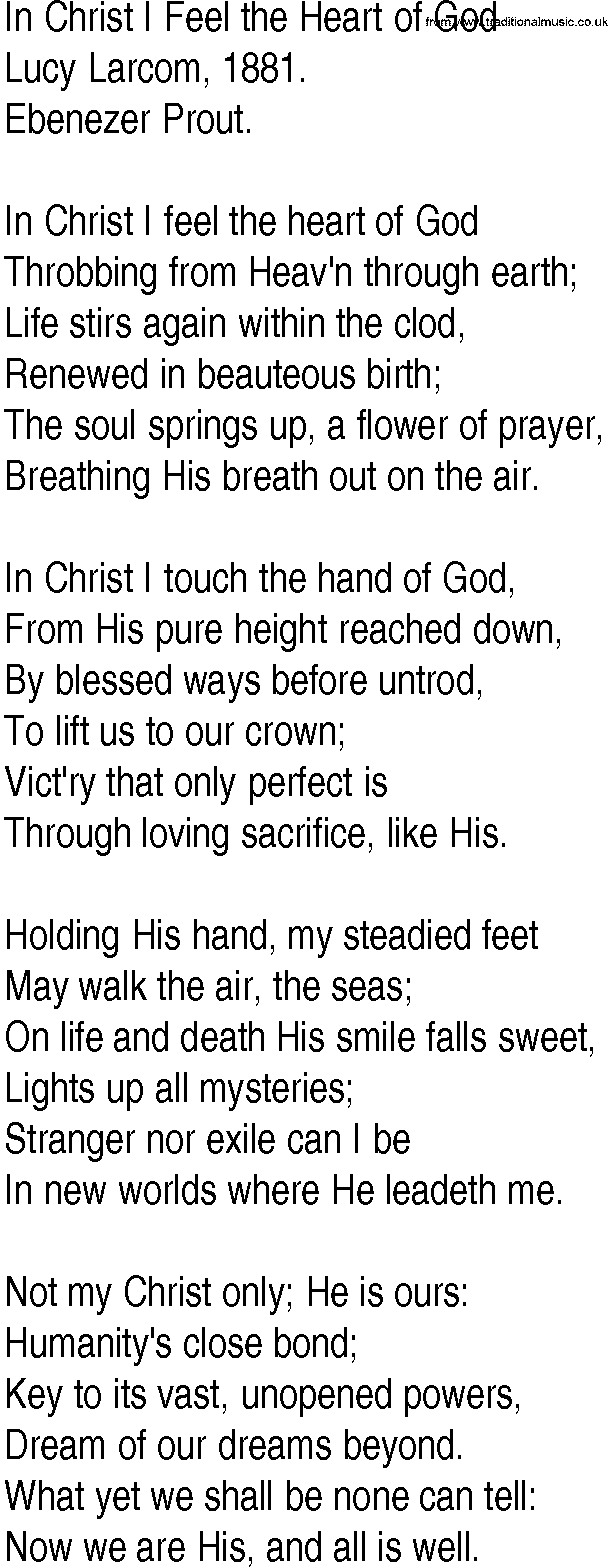 Hymn and Gospel Song: In Christ I Feel the Heart of God by Lucy Larcom lyrics