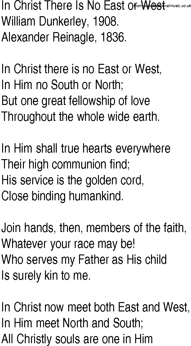 Hymn and Gospel Song: In Christ There Is No East or West by William Dunkerley lyrics