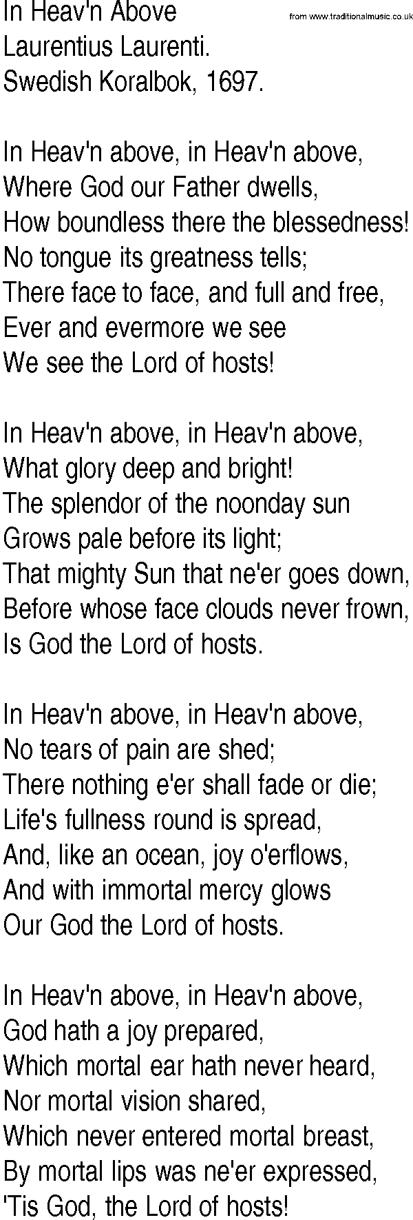 Hymn and Gospel Song: In Heav'n Above by Laurentius Laurenti lyrics
