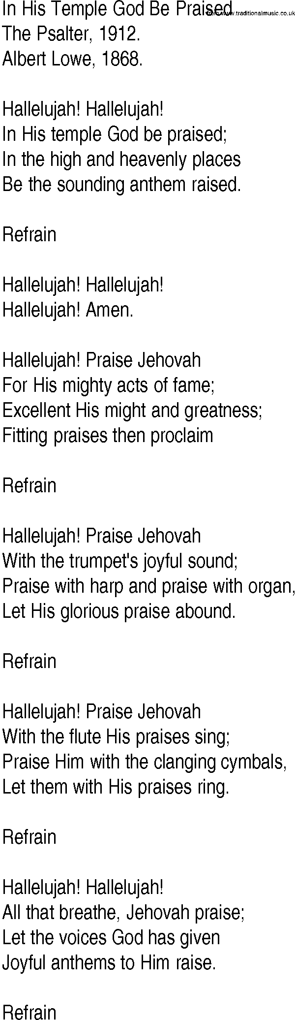 Hymn and Gospel Song: In His Temple God Be Praised by The Psalter lyrics
