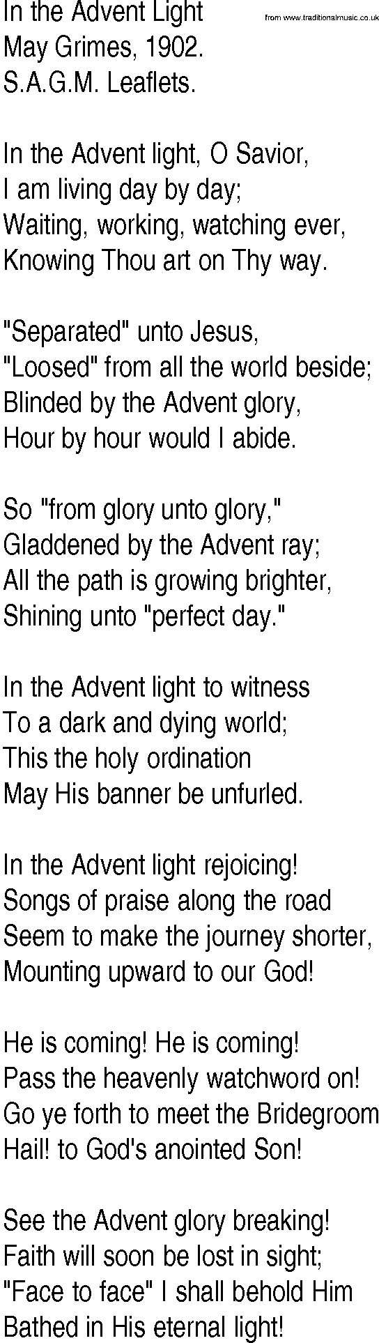 Hymn and Gospel Song: In the Advent Light by May Grimes lyrics