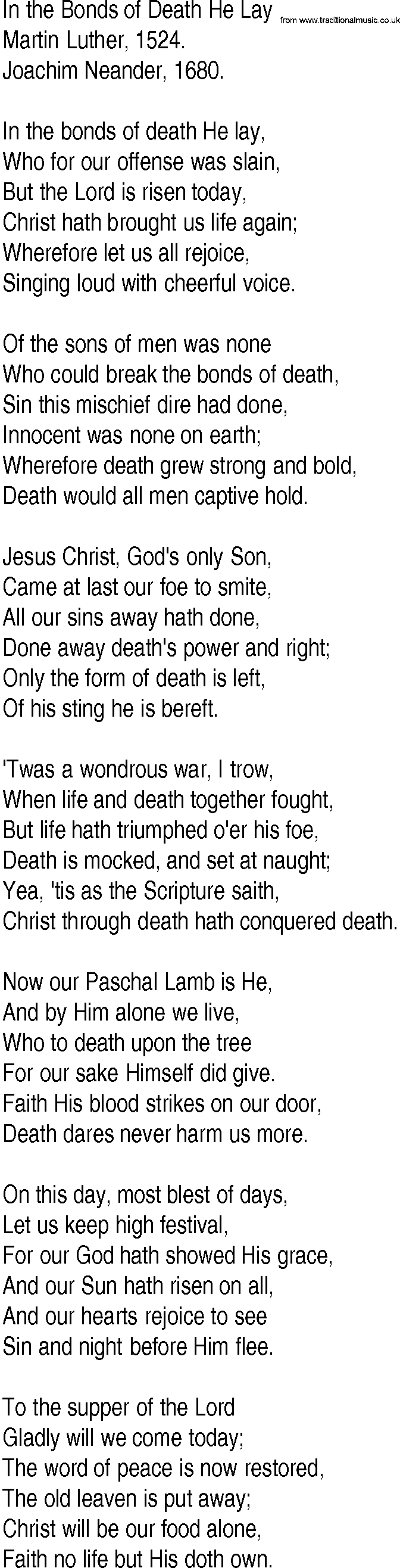 Hymn and Gospel Song: In the Bonds of Death He Lay by Martin Luther lyrics