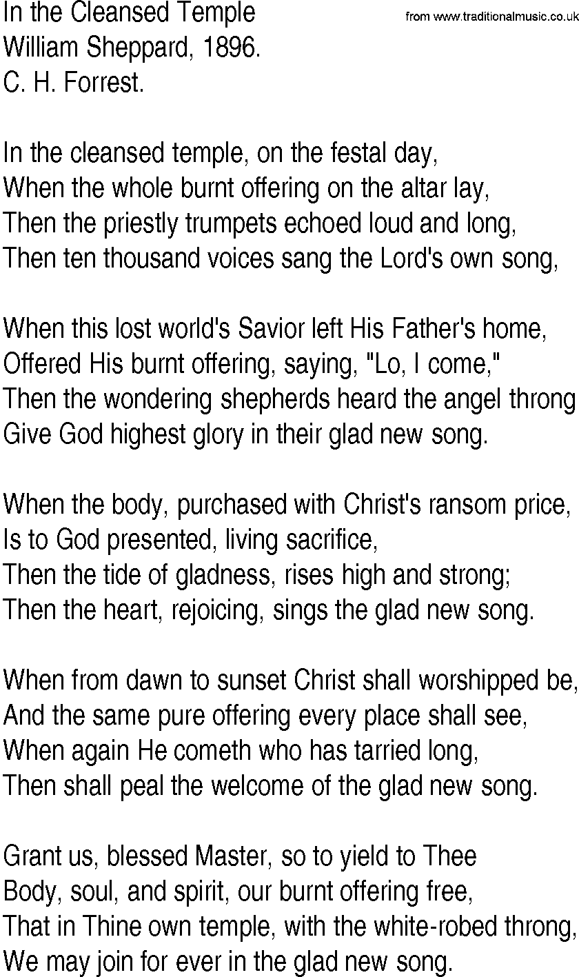 Hymn and Gospel Song: In the Cleansed Temple by William Sheppard lyrics