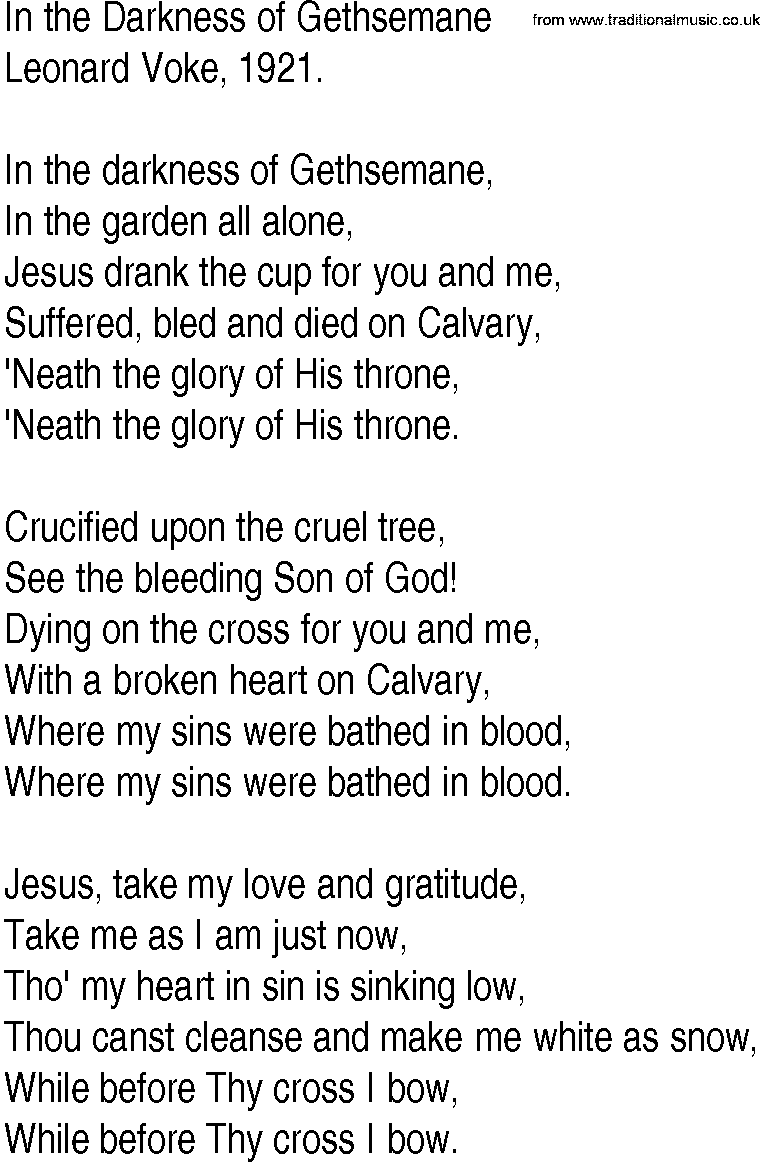 Hymn and Gospel Song: In the Darkness of Gethsemane by Leonard Voke lyrics