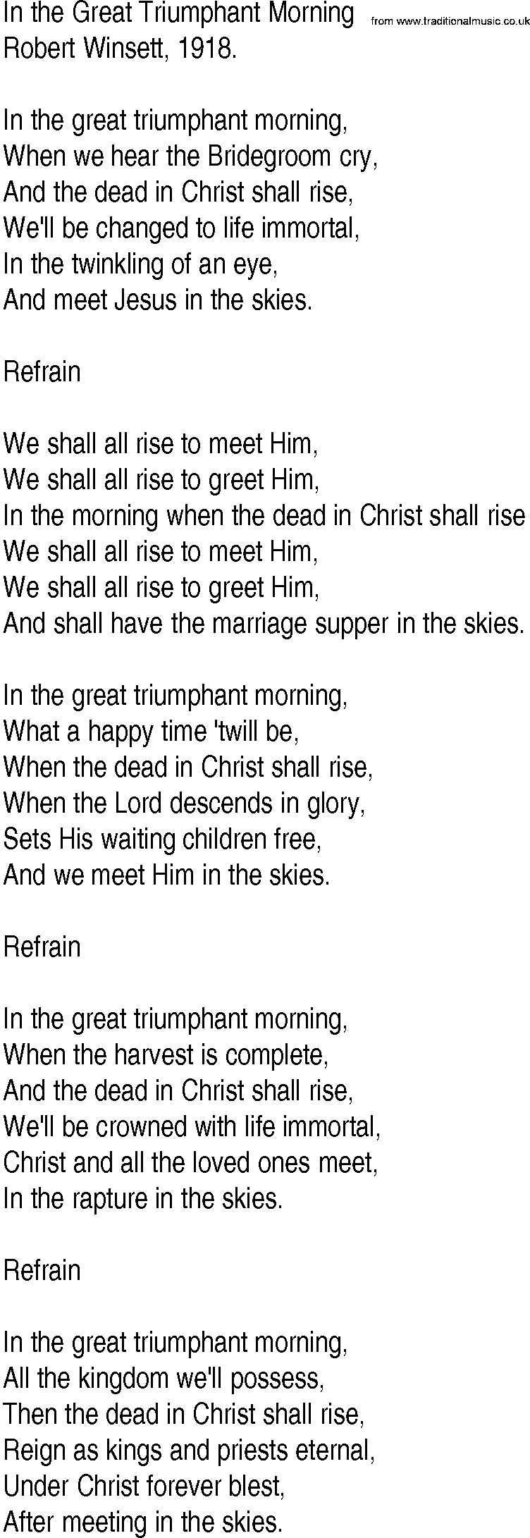 Hymn and Gospel Song: In the Great Triumphant Morning by Robert Winsett lyrics