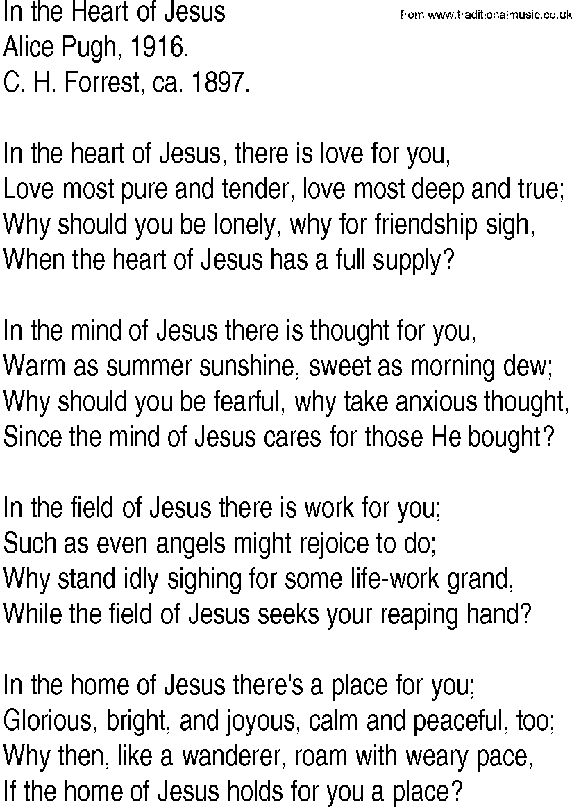 Hymn and Gospel Song: In the Heart of Jesus by Alice Pugh lyrics
