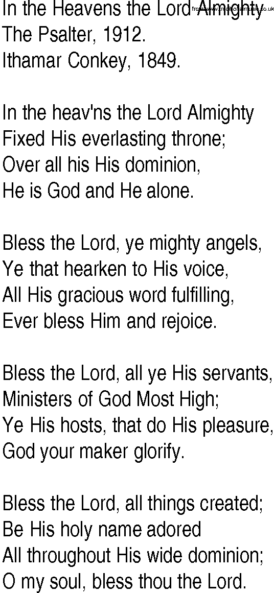 Hymn and Gospel Song: In the Heavens the Lord Almighty by The Psalter lyrics