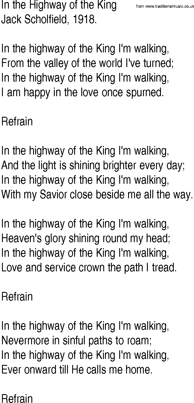 Hymn and Gospel Song: In the Highway of the King by Jack Scholfield lyrics