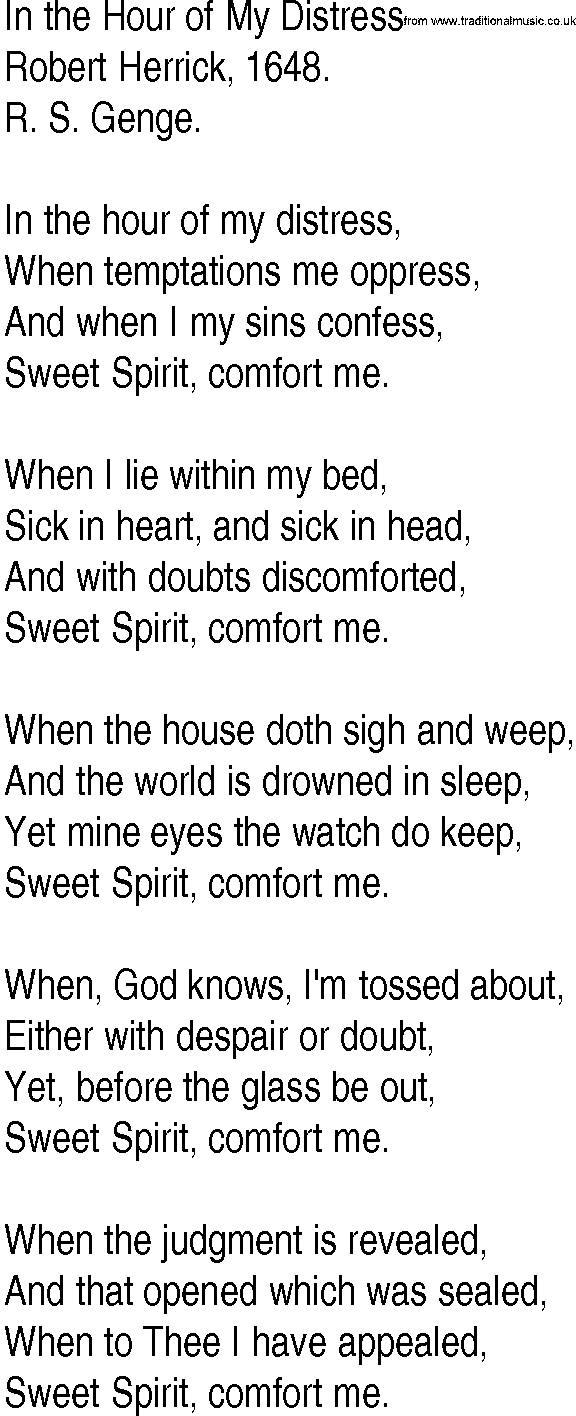 Hymn and Gospel Song: In the Hour of My Distress by Robert Herrick lyrics