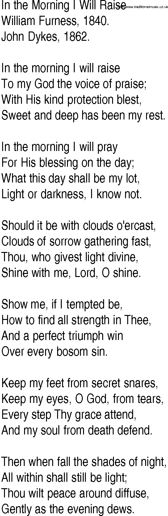 Hymn and Gospel Song: In the Morning I Will Raise by William Furness lyrics