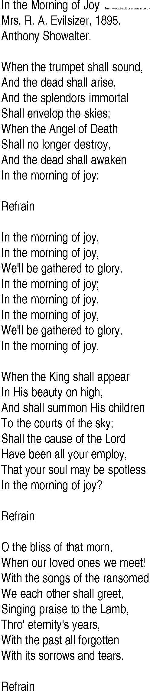 Hymn and Gospel Song: In the Morning of Joy by Mrs R A Evilsizer lyrics