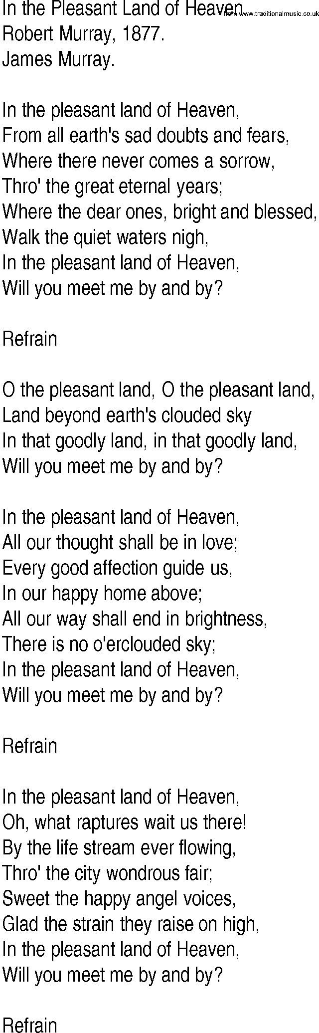 Hymn and Gospel Song: In the Pleasant Land of Heaven by Robert Murray lyrics