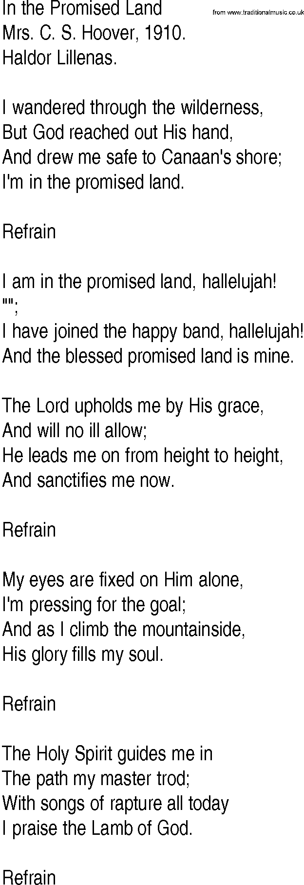 Hymn and Gospel Song: In the Promised Land by Mrs C S Hoover lyrics