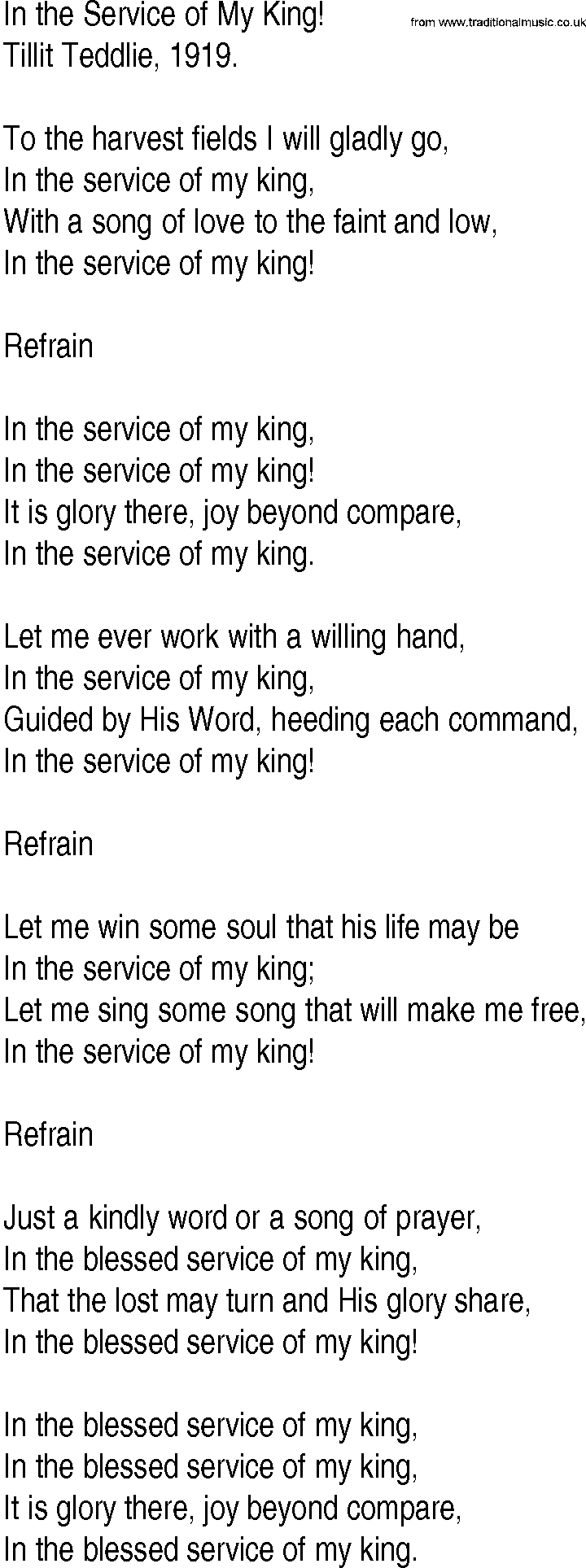 Hymn and Gospel Song: In the Service of My King! by Tillit Teddlie lyrics