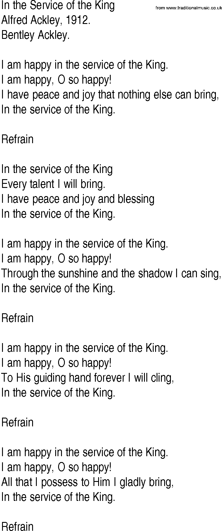 Hymn and Gospel Song: In the Service of the King by Alfred Ackley lyrics