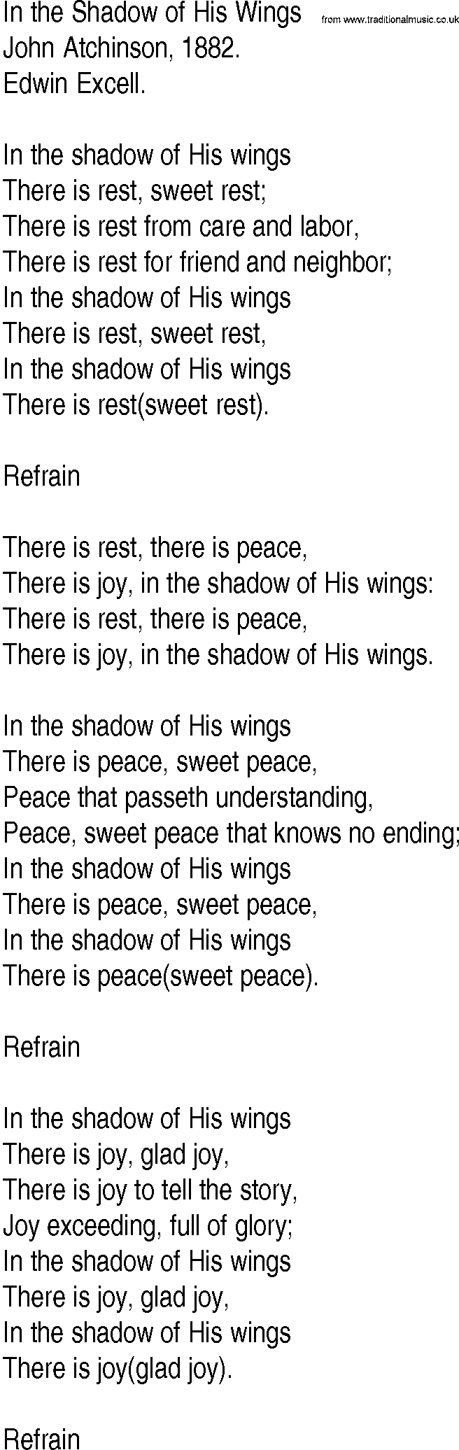 Hymn and Gospel Song: In the Shadow of His Wings by John Atchinson lyrics