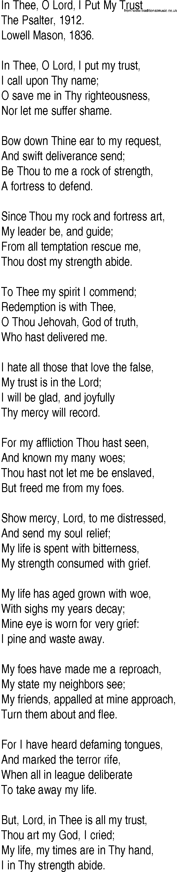 Hymn and Gospel Song: In Thee, O Lord, I Put My Trust by The Psalter 31 lyrics