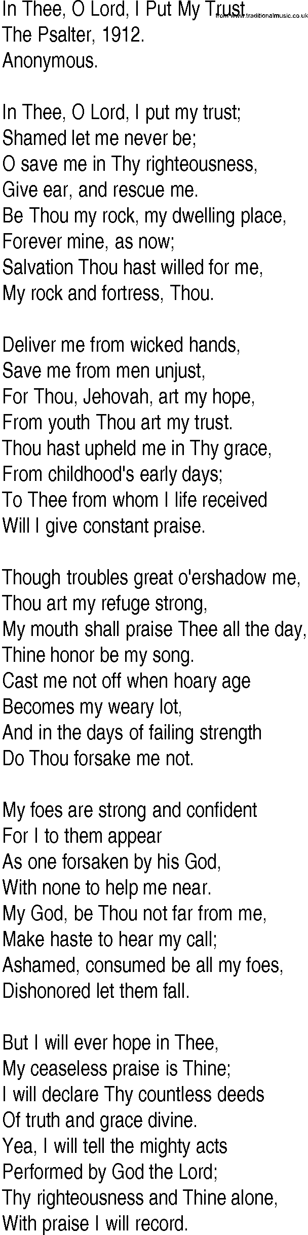 Hymn and Gospel Song: In Thee, O Lord, I Put My Trust by The Psalter 71 lyrics