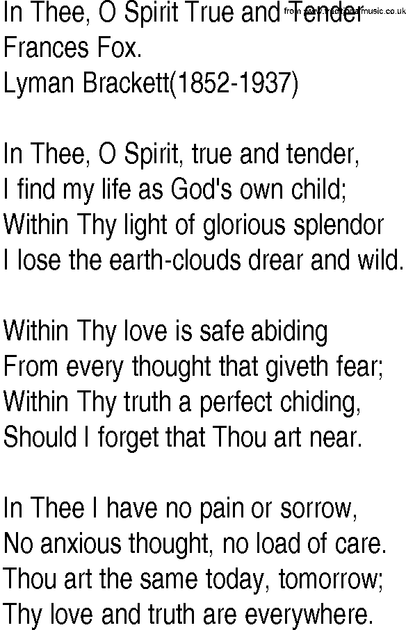Hymn and Gospel Song: In Thee, O Spirit True and Tender by Frances Fox lyrics